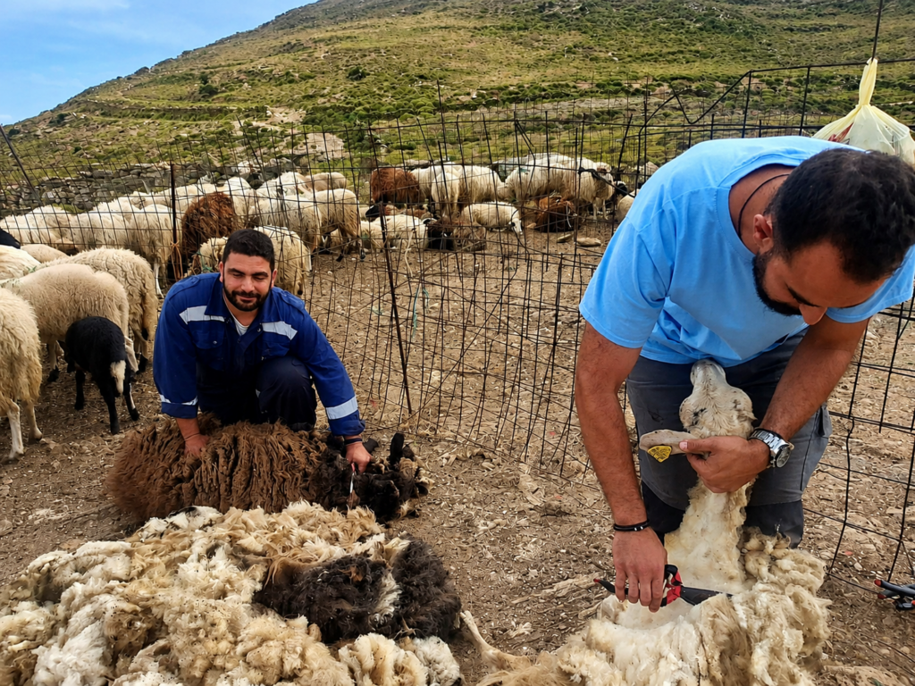 Δύο άνδρες κουρεύουν πρόβατα